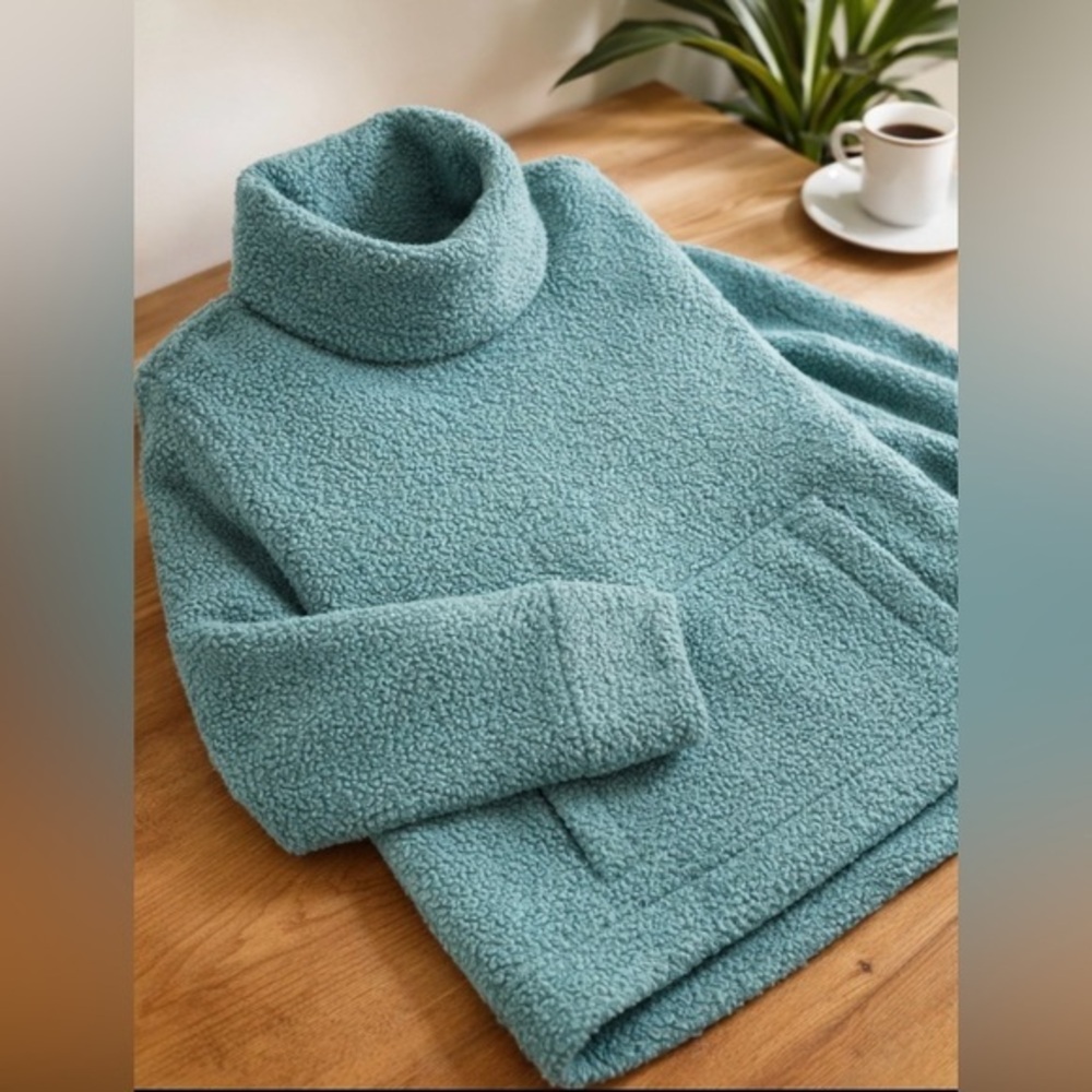 Cozy Teal Cowl Turtleneck Boucle Pullover